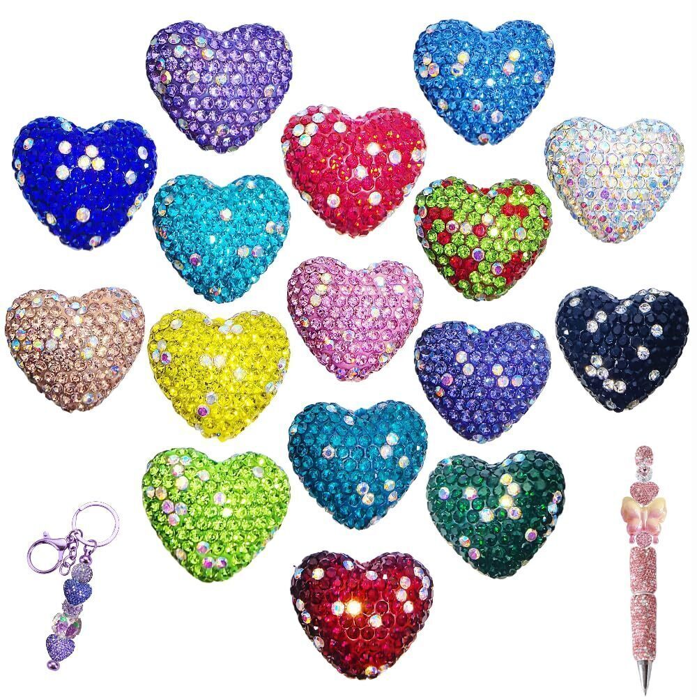 1369 Focal Beads for Pens 16Pcs Rhinestone Heart Shaped Diamand Chunky